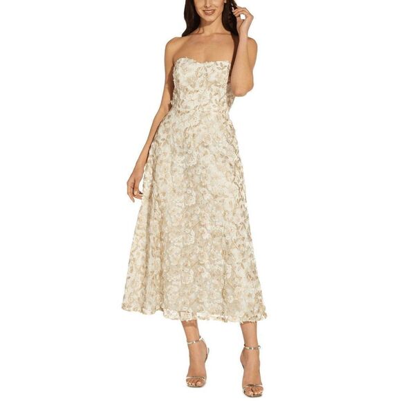 Adrianna Papell Women's Floral Embroidered Strapless Fit & Flare Dress - Gold 6 - Picture 1 of 7